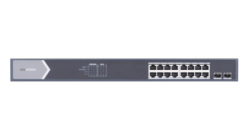 Hikvision DS-3E0518P-E/M 16 Port Gigabit Unmanaged PoE Switch, 16x Gigabit PoE port, 2x Gigabit SFP fiber optical port, IEEE 802.3at/af standard, IEEE 802.3, IEEE 802.3u, and IEEE 802.3x standard, 6 kV surge protection for PoE ports, PoE power management thumbnail 2