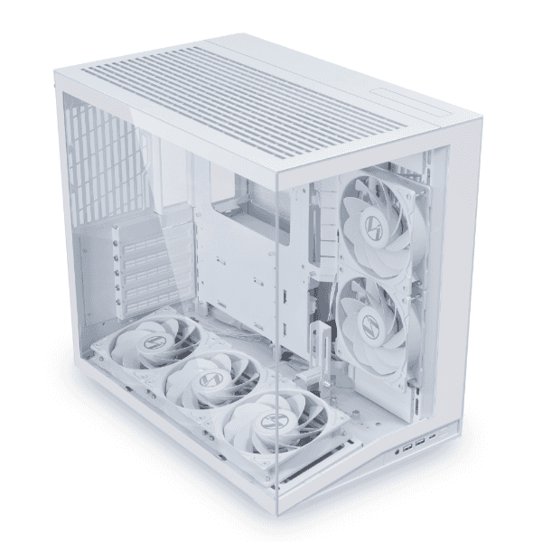 Lian Li O11D mini V2 Flow White Computer Case, 5x Pre-Installed Reverse Blade Fans, Supports ATX, M-ATX, Mini-ITX, and ATX Back-Connect motherboards, Adjustable Vertical GPU Bracket, Supports up to 360mm top radiator, Supports 9 x 120mm fans | O11DMIV2FW thumbnail 1