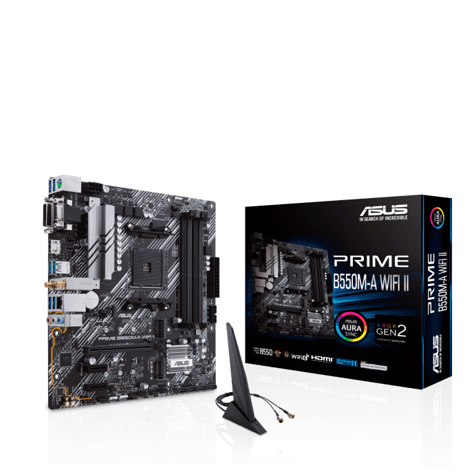 Asus ASUS PRIME B550M-A WIFI II AMD B550 (Ryzen AM4) micro ATX motherboard with dual M.2, PCIe 4.0, Wi-Fi 6, 1 Gb Ethernet, HDMI, DVI-D, D-Sub, SATA 6 Gbps, USB 3.2 Gen 2 Type-A, and Aura Sync RGB lighting support | 90MB19X0-M0EAY0 - thumbnail 2