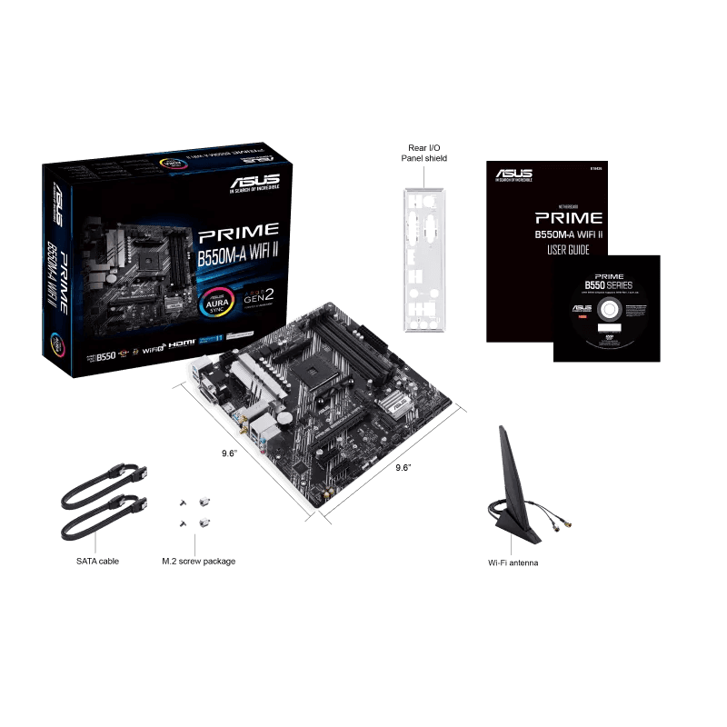 Asus ASUS PRIME B550M-A WIFI II AMD B550 (Ryzen AM4) micro ATX motherboard with dual M.2, PCIe 4.0, Wi-Fi 6, 1 Gb Ethernet, HDMI, DVI-D, D-Sub, SATA 6 Gbps, USB 3.2 Gen 2 Type-A, and Aura Sync RGB lighting support | 90MB19X0-M0EAY0 - thumbnail 1