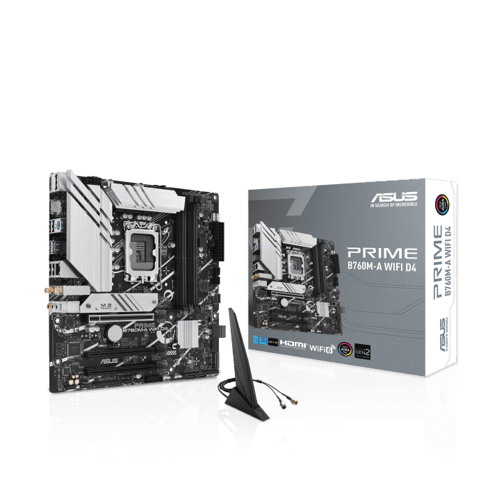 Asus ASUS PRIME B760M-A WIFI D4 Motherboard, Intel B760 (LGA 1700) mATX motherboard, PCIe 4.0, 4 x DIMM, 2x M.2 slots, Realtek 2.5Gb Ethernet, Wi-Fi 6, DisplayPort, Dual HDMI, SATA 6 Gbps, USB 3.2 Gen 2, Type-C, Aura Sync | 90MB1CX0-M0EAY0 - thumbnail 1