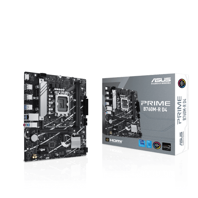 Asus ASUS PRIME B760M-R DDR4 Intel B760 LGA 1700 micro-ATX Motherboard, PCIe 4.0, two PCIe 4.0 M.2 slots, DDR4, Realtek 2.5Gb Ethernet, HDMI, SATA 6 Gbps, front USB 5Gbps ports, Aura Sync | 90MB1HA0-M0EAY0 - thumbnail 1
