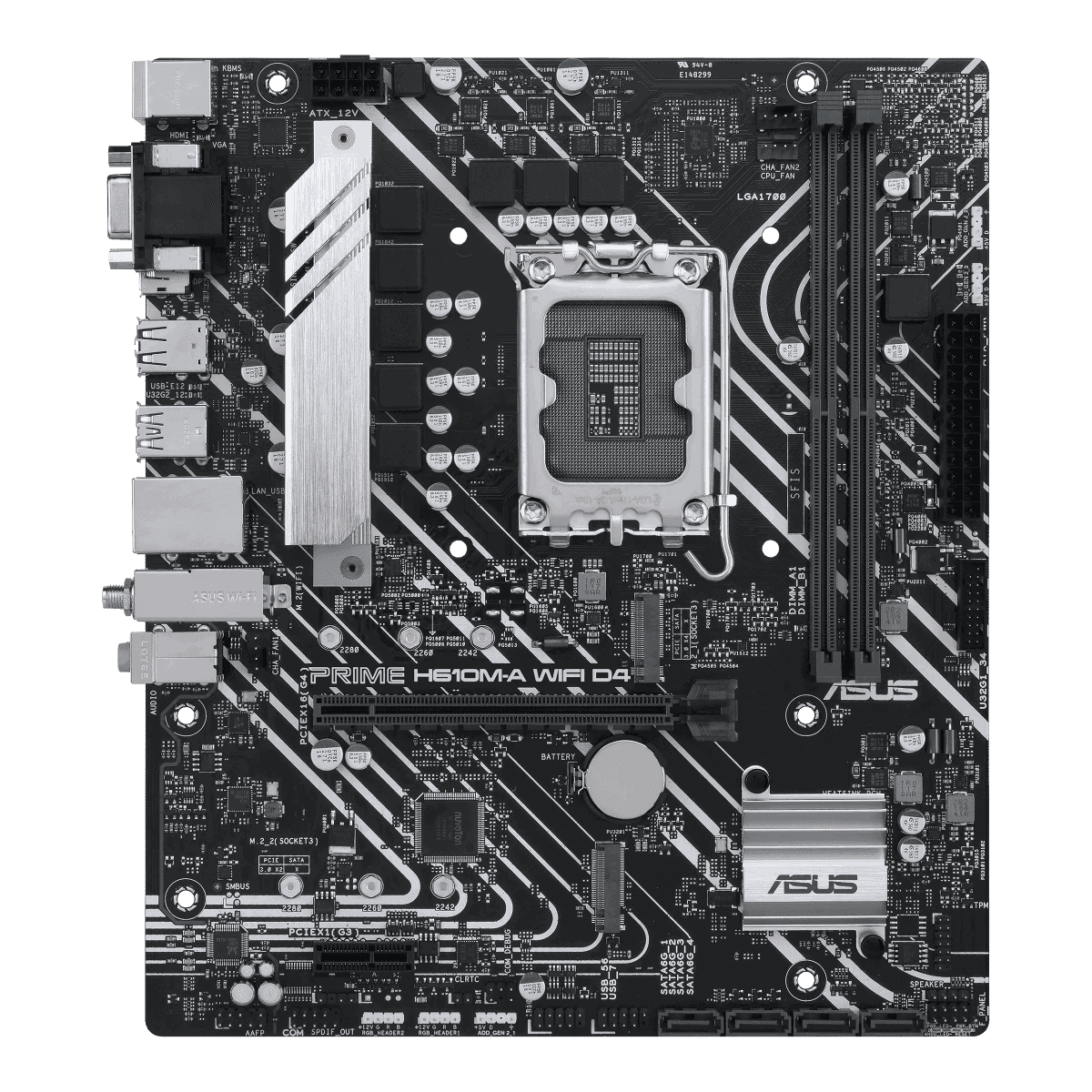 Asus ASUS PRIME H610M-A WIFI D4 Intel H610 (LGA 1700) mic-ATX motherboard with DDR4, PCIe 4.0, dual M.2 slots, Intel 1 Gb Ethernet, WIFI 5, DisplayPort, HDMI, D-Sub, USB 3.2 Gen 2 ports, SATA 6 Gbps, Addressable Gen 2 headers, and Arua Sync | 90MB1C80-M0EAY0 - thumbnail 1