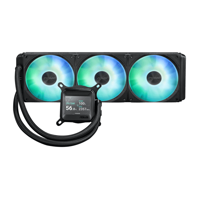 ASUS Prime LC ARGB LCD all-in-one CPU Liquid Cooler, with sharp screen showcasing CPU & GPU information, High-performance Asetek pump, Daisy-chainable fans, upto 3600 RPM, Black | 90RC00Z1-B0EAY0 thumbnail 1