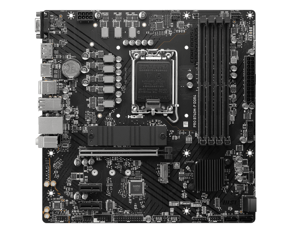 MSI MSI PRO B760M-P DDR4 Intel LGA 1700 mATX Motherboard, INTEL B760 Chipset, 4x DDR4, 1x HDMI???, 1x DisplayPort, 1x VGA, 2x M.2, 4x SATA 6G, Realtek?? ALC897 Codec, Realtek?? RTL8111H Gigabit LAN, 4x EZ Debug LED | 911-7E02-006 - thumbnail 1