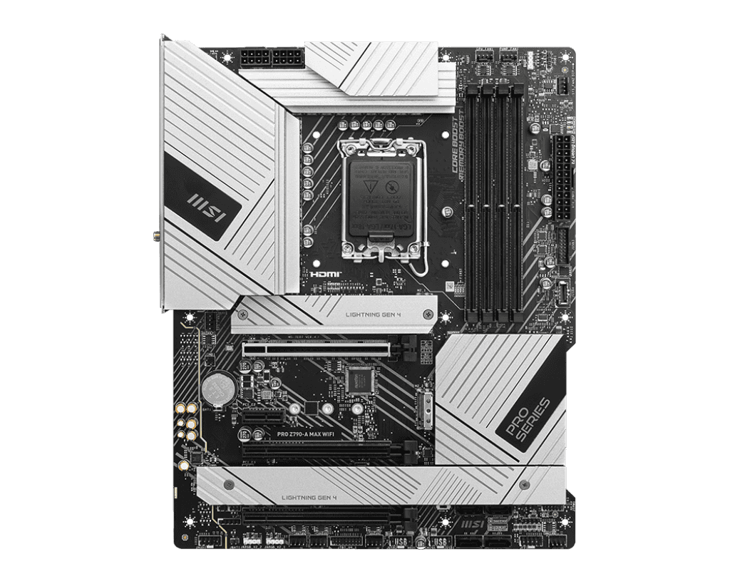 MSI MSI PRO Z790-A MAX WIFI DDR5  Intel ATX Mother board, Digital PWM, PCI-E, 6x SATA 6G, 4x M.2, 1x HDMI, 1x DisplayPort, 2.5Gbps LAN, VRM Heatsink, Pre installed IO Shield | 911-7E07-018 - thumbnail 1