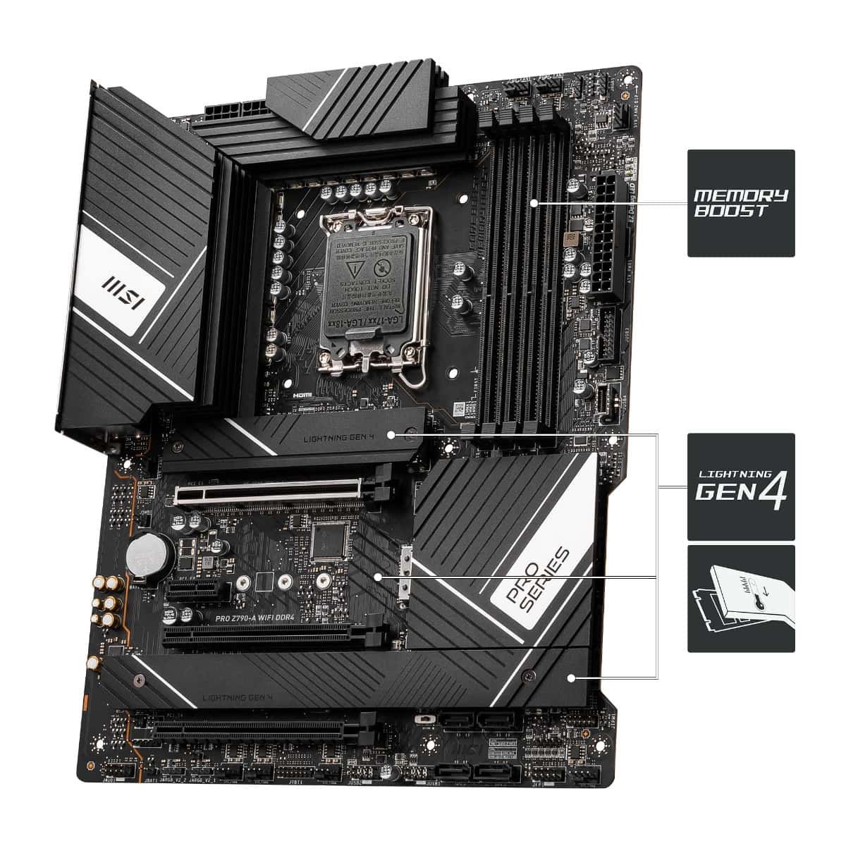 MSI MSI PRO Z790-A WIFI DDR4 Motherboard ATX - Supports Intel Core 12/13th Gen Processors, LGA 1700, DDR5 Boost (7200+MHz/OC), 1 x PCIe 5.0 x16, 1 x PCIe 4.0 x16, 4 x M.2 Gen4, 2.5Gbps LAN, Wi-Fi 6E, 911-7E07-001 - thumbnail 3