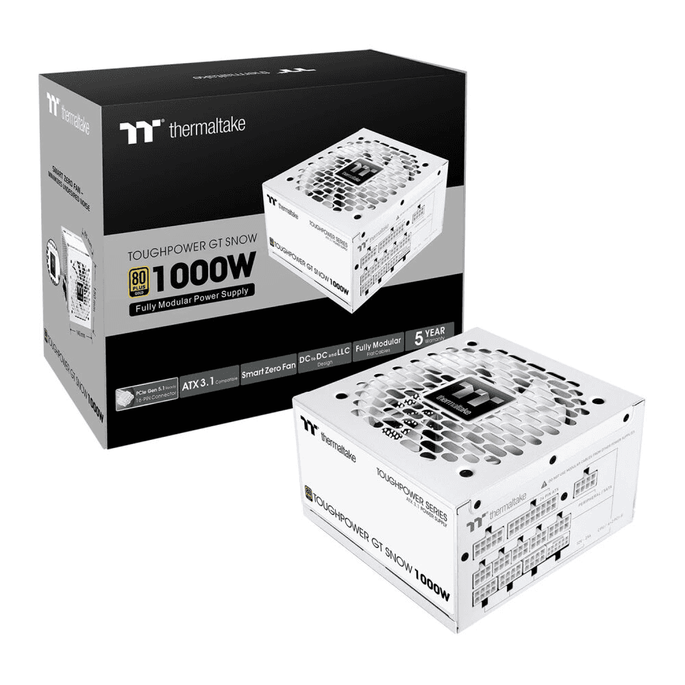 Thermaltake Thermaltake Toughpower GT Snow 1000W White Power Supply, ATX 3.1, 80+ Gold, Fully Modular, PCIe 5.1 Ready, 12V-2x6 Connector, White | PS-TPT-1000FNFAGK-W - thumbnail 1