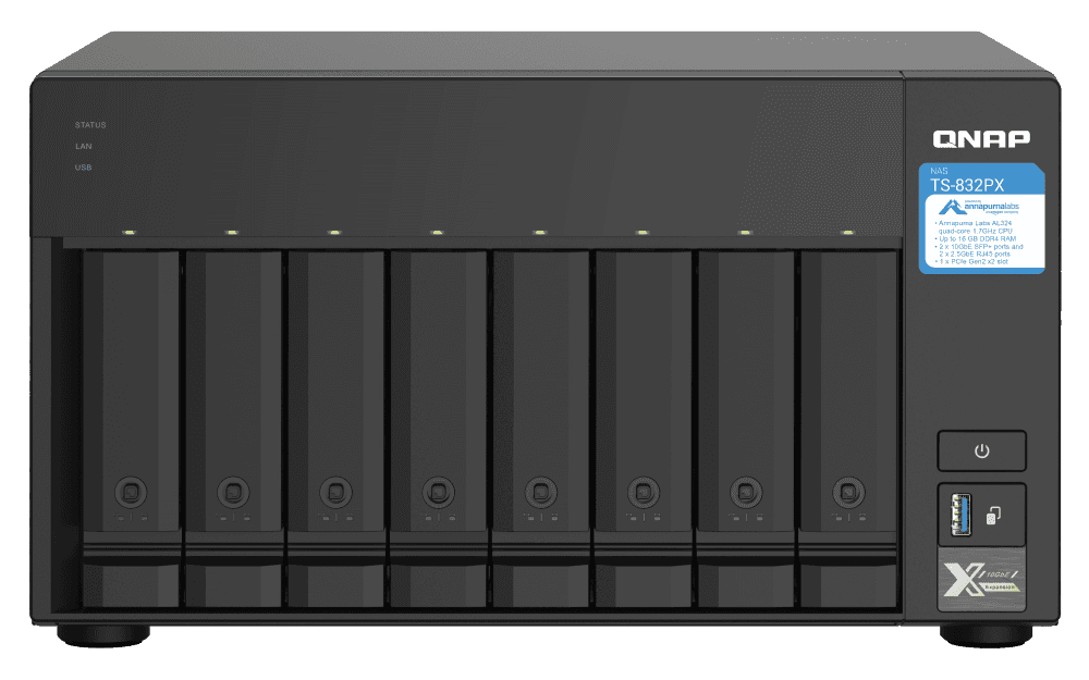 QNAP 8-Bay NAS, AL324 64-bit Quad-core 1.7GHz, 4GB DDR4 SODIMM RAM (1 x 4GB, Max 16GB), 8 x 3.5"/ 2.5" Drive Slots, 2 x 10GbE SFP+ LAN, 2 x 2.5GbE LAN, 3 x USB 3.2 Gen1 | TS-832PX-4G | TS-832PX-4G thumbnail 3
