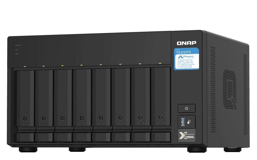 QNAP 8-Bay NAS, AL324 64-bit Quad-core 1.7GHz, 4GB DDR4 SODIMM RAM (1 x 4GB, Max 16GB), 8 x 3.5"/ 2.5" Drive Slots, 2 x 10GbE SFP+ LAN, 2 x 2.5GbE LAN, 3 x USB 3.2 Gen1 | TS-832PX-4G | TS-832PX-4G thumbnail 5