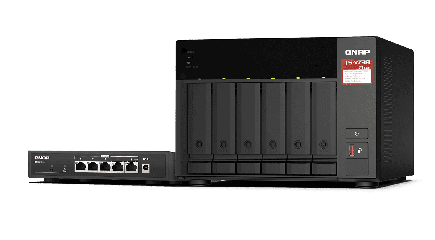 QNAP QNAP TS-673A + QSW-1105-5T Bundle Pack, 6-bay AMD Ryzen NAS with 5-Port 2.5G Switch, AMD Ryzen quad-core 2.2 GHz, 5x 2.5GbE connectivity, Flexible PCIe expansion, SSD cache acceleration, Supports QTS/QuTS hero OS | TS-673A-SW5T 6-BAY  - thumbnail 1