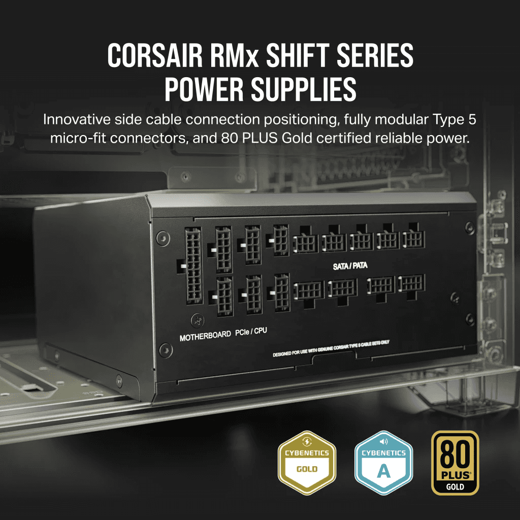 Corsair Corsair RM1200x Shift Fully Modular ATX Power Supply, 1200W Power, 80 Plus Gold, Modular Side Interface, ATX 3.0 & PCIe 5.0 Compliant, Zero RPM Fan Mode, 105??C-Rated Capacitors, Black | CP-9020254-UK - thumbnail 1