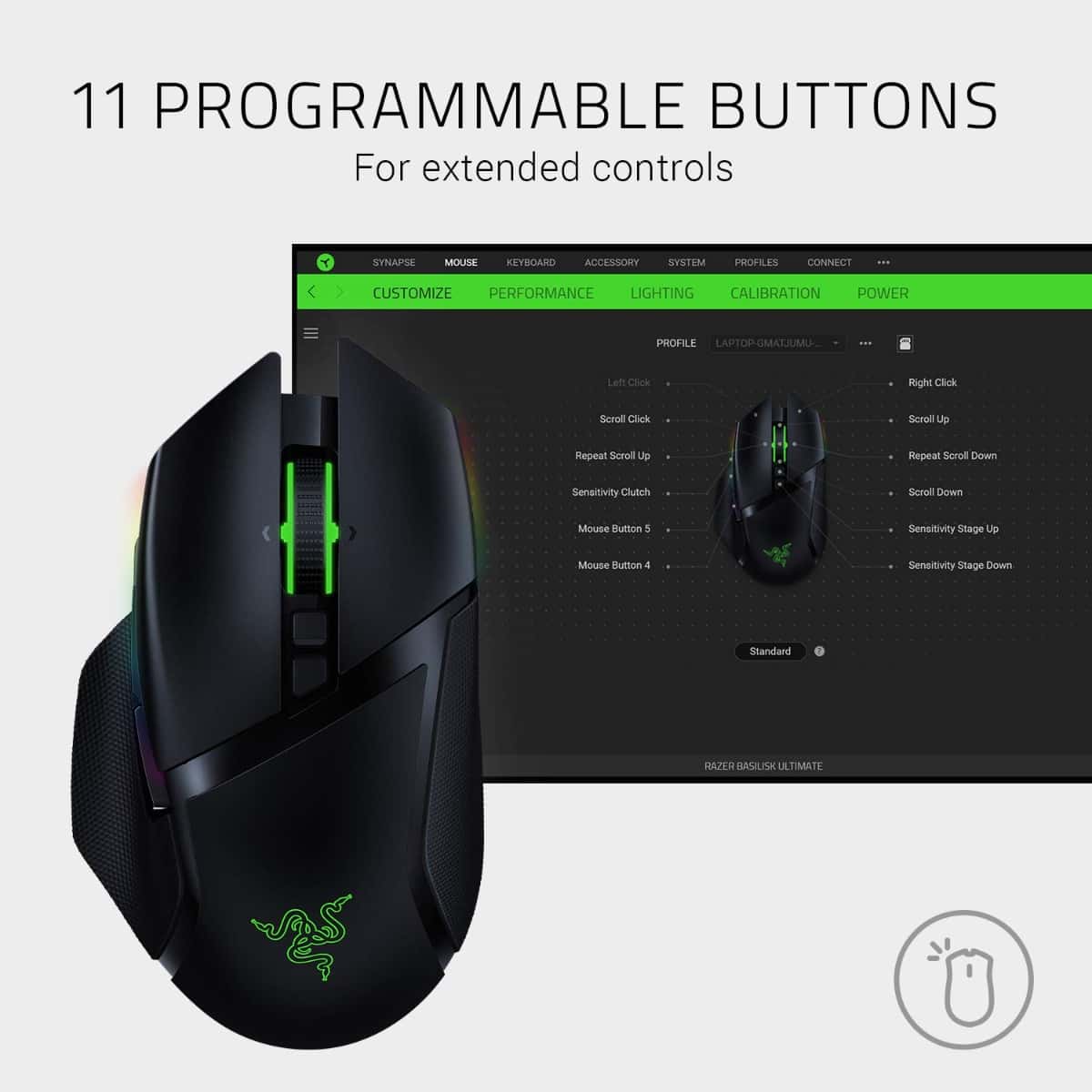 RAZER Razer Basilisk Ultimate Hyperspeed Wireless Gaming Mouse, 20K DPI Optical Sensor, Chroma Lighting, 11 Programmable Buttons - Matte Black | RZ01-03170200-R3G1 - thumbnail 5
