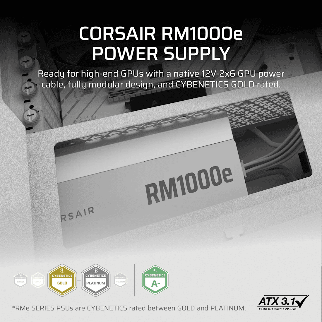 Corsair RMe Series RM1000e Fully Modular Low-Noise ATX White Power Supply, ATX 3.1, PCIe 5.1 | CP-9020294-UK thumbnail 5