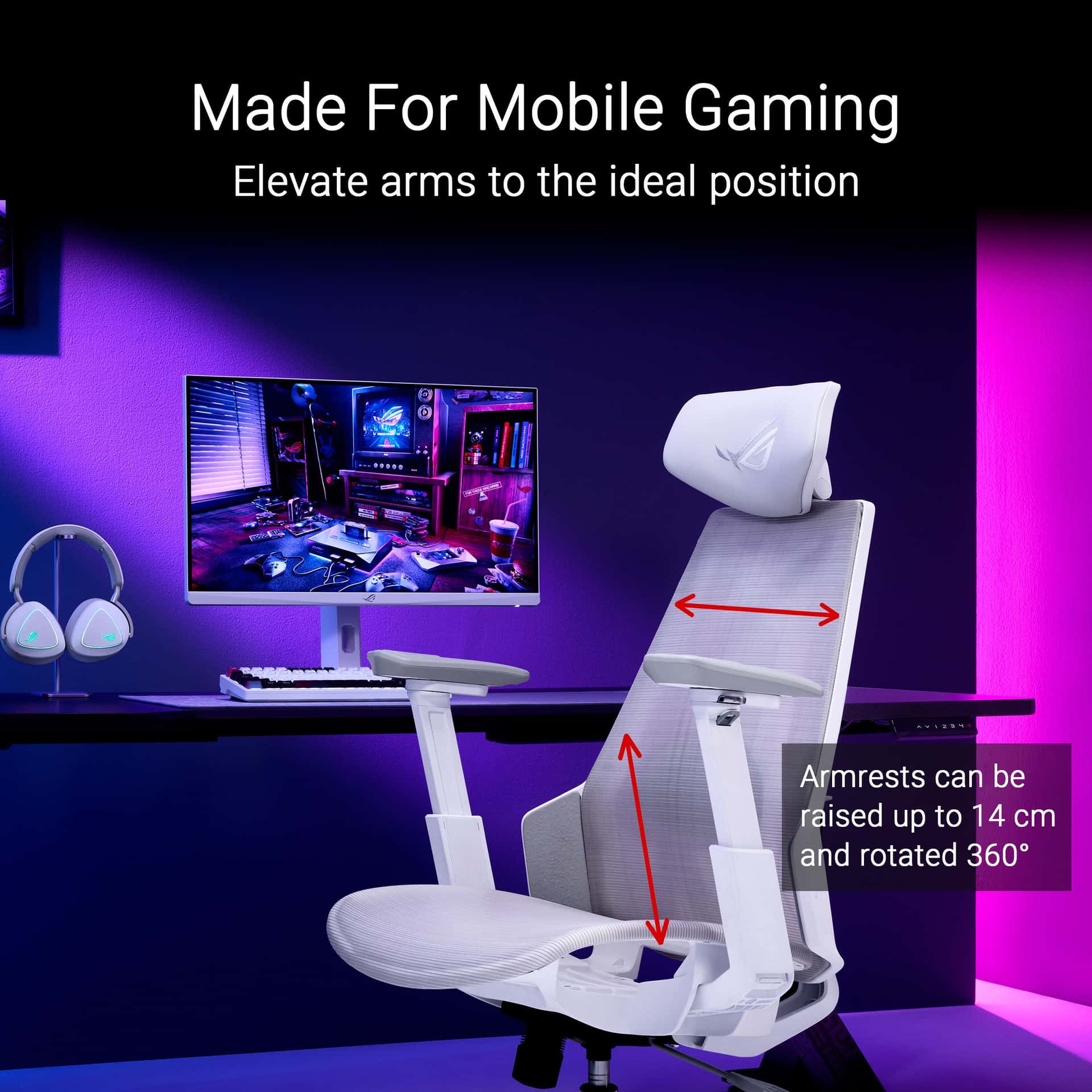 Asus ASUS ROG Destrier Ergo Core Gaming Chair, SL400C, Cyborg-Inspired Design, 360° Rotation Armrests, Moonlight White | 90GC01P0-MSG060 - thumbnail 7