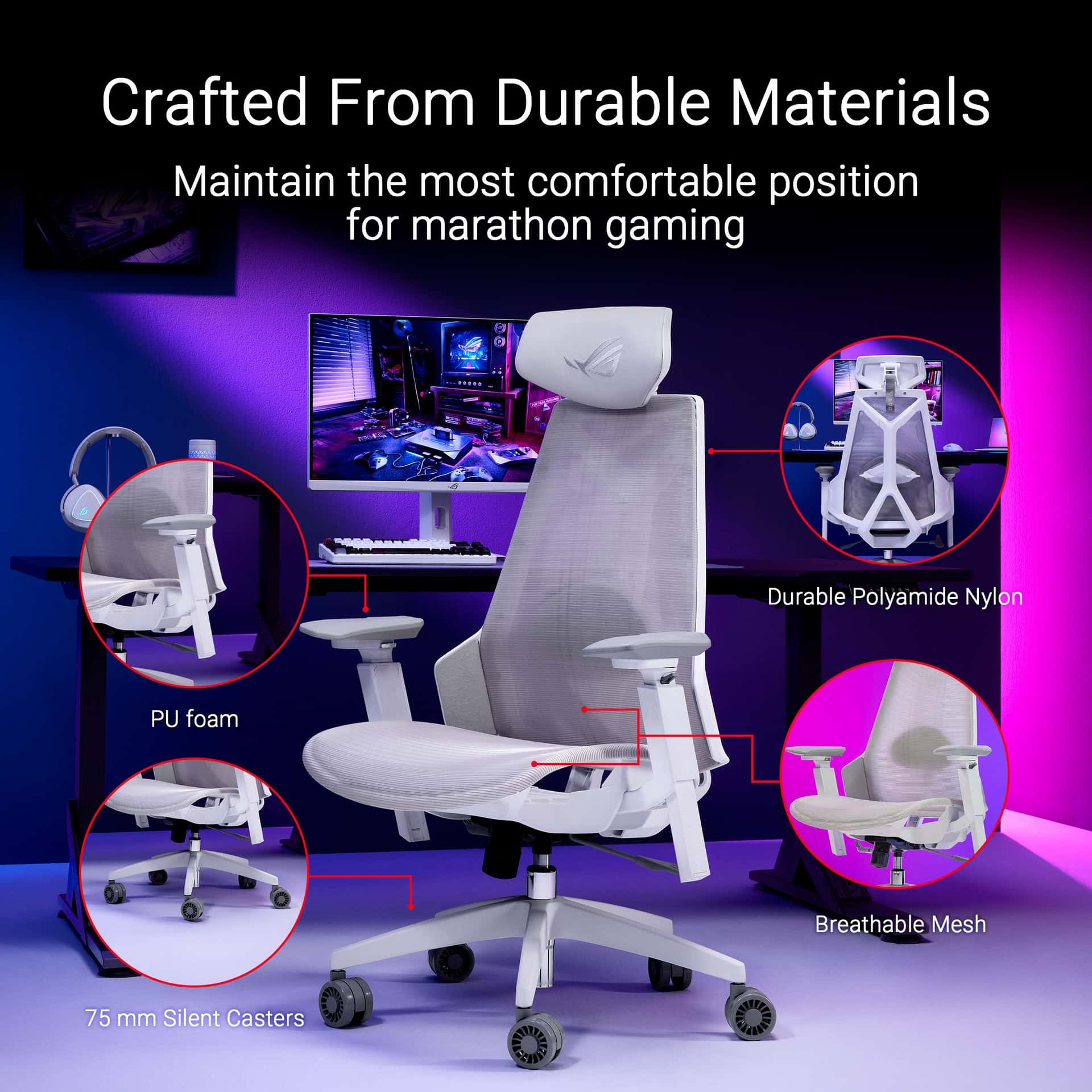 Asus ASUS ROG Destrier Ergo Core Gaming Chair, SL400C, Cyborg-Inspired Design, 360° Rotation Armrests, Moonlight White | 90GC01P0-MSG060 - thumbnail 6