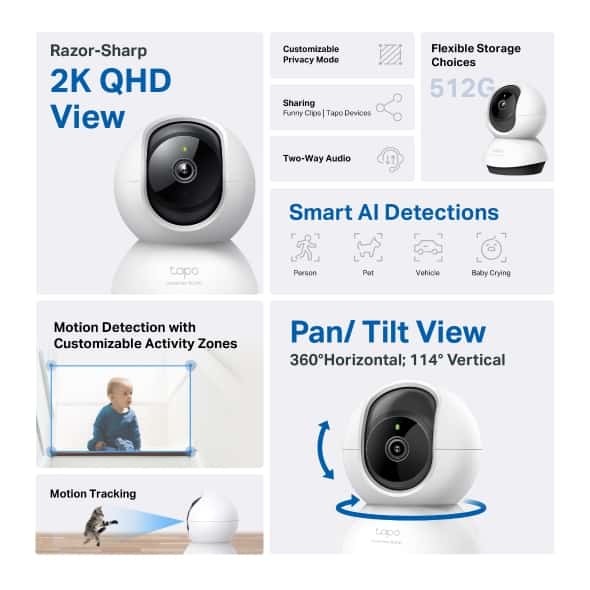 tp-link tp-link Tapo Pan/Tilt AI Home Security Wi-Fi Camera, 2K 4MP QHD, Wide Range of Movement, Enhanced Night Vision, Smart AI Detection and Notifications, Sound and Light Alarm, built-in microphone and speaker, up to 512 GB, Hands-Free Operation | Tapo C220 V1 - thumbnail 2