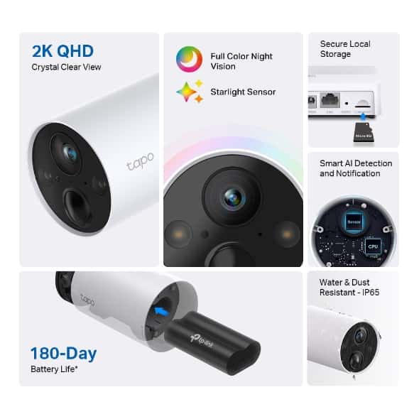 tp-link tp-link Tapo Smart Wire-Free Security Camera System, 2-Camera System, 2K QHD, Smart AI Detection and Notification, 180-Day Battery Life, Full-Color Night Vision, up to 512 GB, IP65 Water&Dust Resistant  | Tapo C420S2 V1 - thumbnail 2