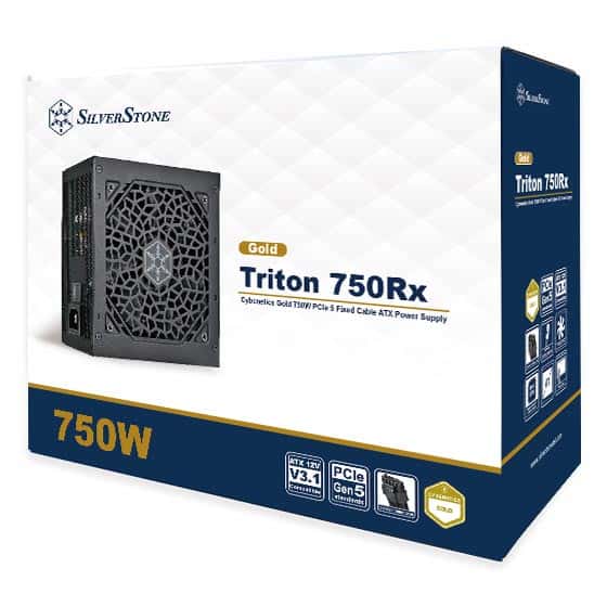 Silverstone Silverstone Triton 750Rx Cybenetics Gold 750W PCIe 5 Fixed Cable ATX Power Supply, Silent 120mm ICB fan, Supports 12V-2x6 PCIe connector with ATX 3.1 and PCIe Gen 5 standard, Black | SST-TR750R-GF - thumbnail 1