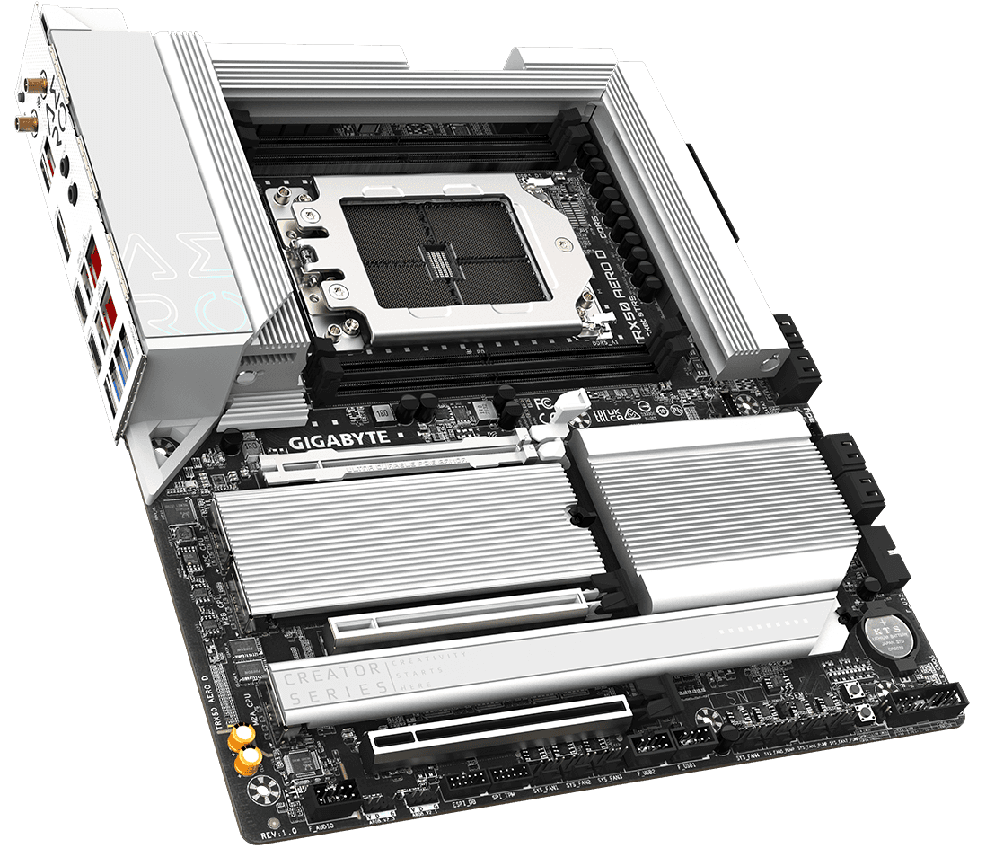 Gigabyte Gigabyte TRX50 AERO D sTR5 E-ATX Motherboard, AMD TRX50 Chipset, 4x DDR5 DIMM 1TB Max, PCIe 5.0 / 2x PCIe x16, 4xM.2, USB 3.2 / USB4 Type-C, Wi-Fi 7, Marvell 10GbE, White | TRX50 AERO D - thumbnail 1