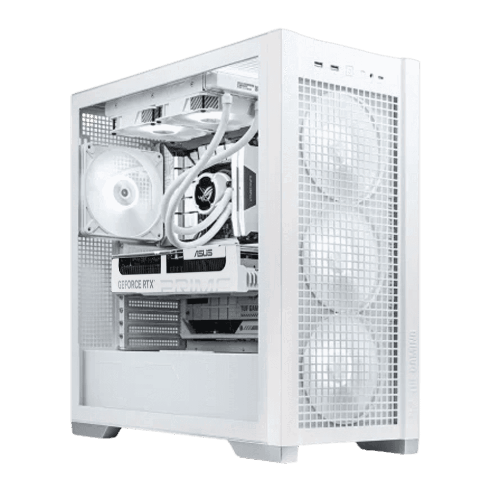 Asus High-Performance White Gaming PC Powered By ASUS: AMD Ryzen 7 9800X3D + ASUS Prime RTX 5070 OC White 12GB GDDR7, 32GB DDR5 6400MHz RGB, 2TB PCIe Gen5 NVMe SSD (14,700MB/s), 360mm ARGB White AIO, 750W Gold ATX 3.1 PSU, WiFi 7, ASUS TUF Gaming GT302 White - thumbnail 1