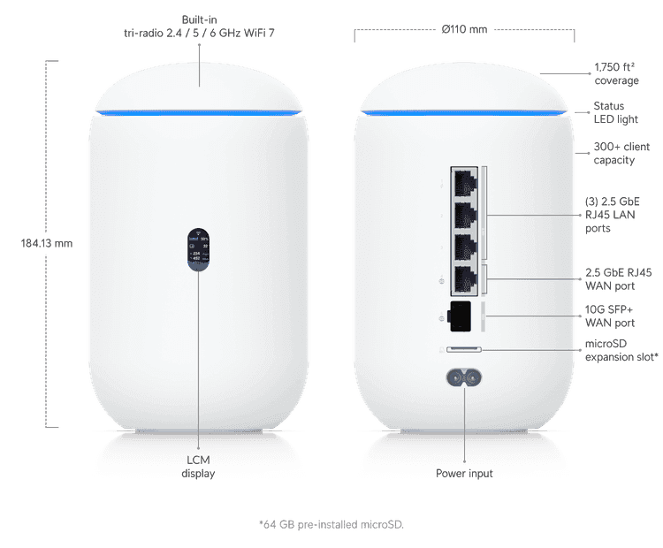 Ubiquiti Unifi Dream Router 7 Desktop 10G Cloud Gateway, Integrated WiFi 7, PoE switch, MicroSD storage, Full UniFi application support |  UDR7 (15W) - thumbnail 2