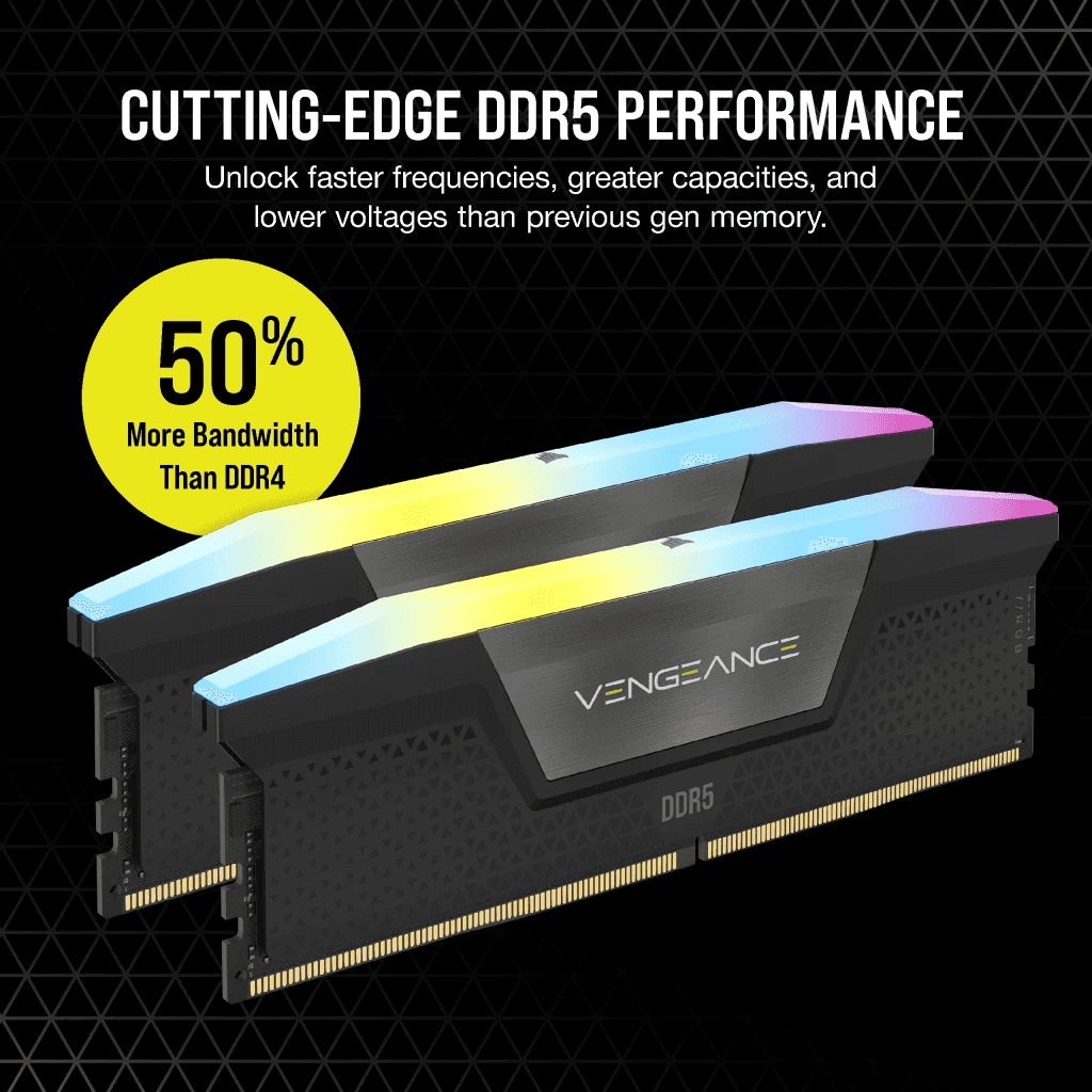 Corsair VENGEANCE RGB 32GB (2x16GB) DDR5 DRAM 6200MT/s CL36 Memory Kit, Intel XMP, Black | CMH32GX5M2E6200C36 thumbnail 2