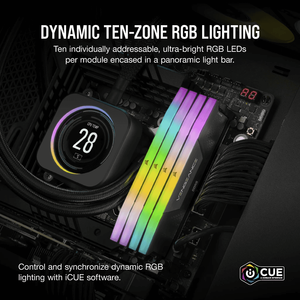 Corsair VENGEANCE RGB 32GB (2x16GB) DDR5 DRAM 6200MT/s CL36 Memory Kit, Intel XMP, Black | CMH32GX5M2E6200C36 thumbnail 4
