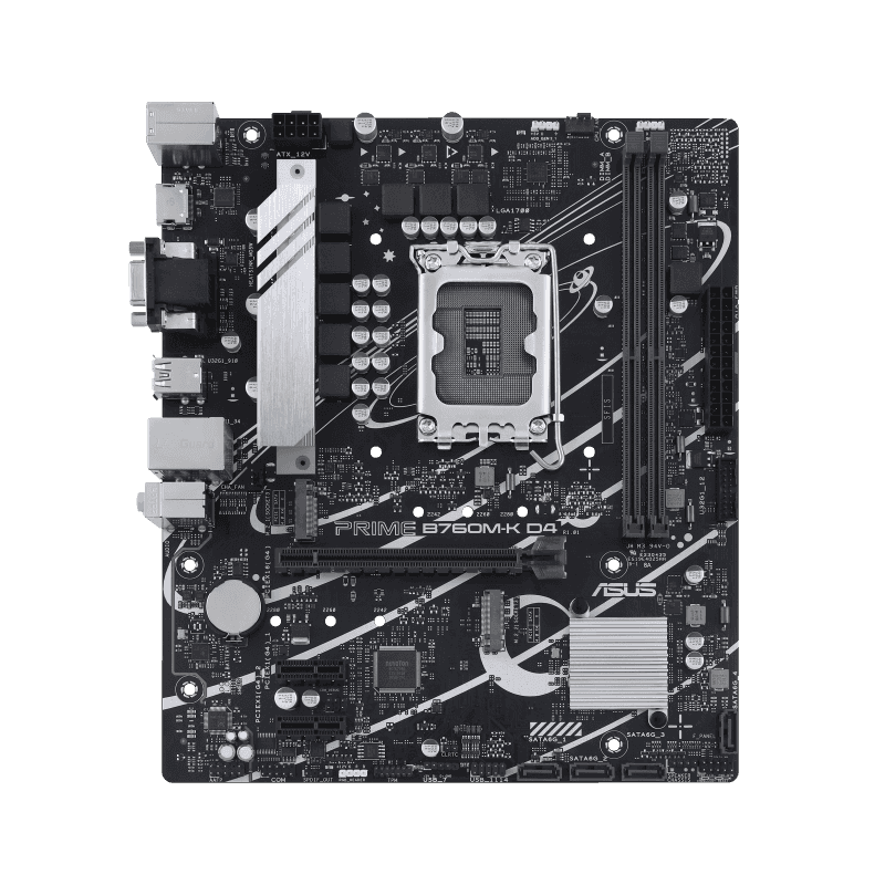 Asus ASUS Prime B760M-K D4, an Intel B760 LGA 1700 mATX motherboard with PCIe 4.0, two PCIe 4.0 M.2 slots, DDR4, Realtek 2.5Gb Ethernet, VGA, HDMI, SATA 6 Gbps, front USB 3.2 Gen 1, Aura Sync| 90MB1DS0-M0EAY0 - thumbnail 3