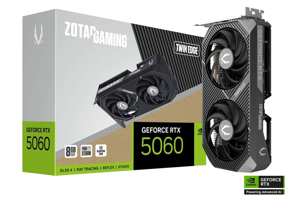 ZOTAC ZOTAC GAMING GeForce RTX 5060 Twin Edge 8GB GDDR7 Graphics Card, 128-bit 28 Gbps, PCI Express 5.0 x8, SFF-Ready, NVIDIA Blackwell architecture and DLSS 4 | ZT-B50600E-10M - thumbnail 1