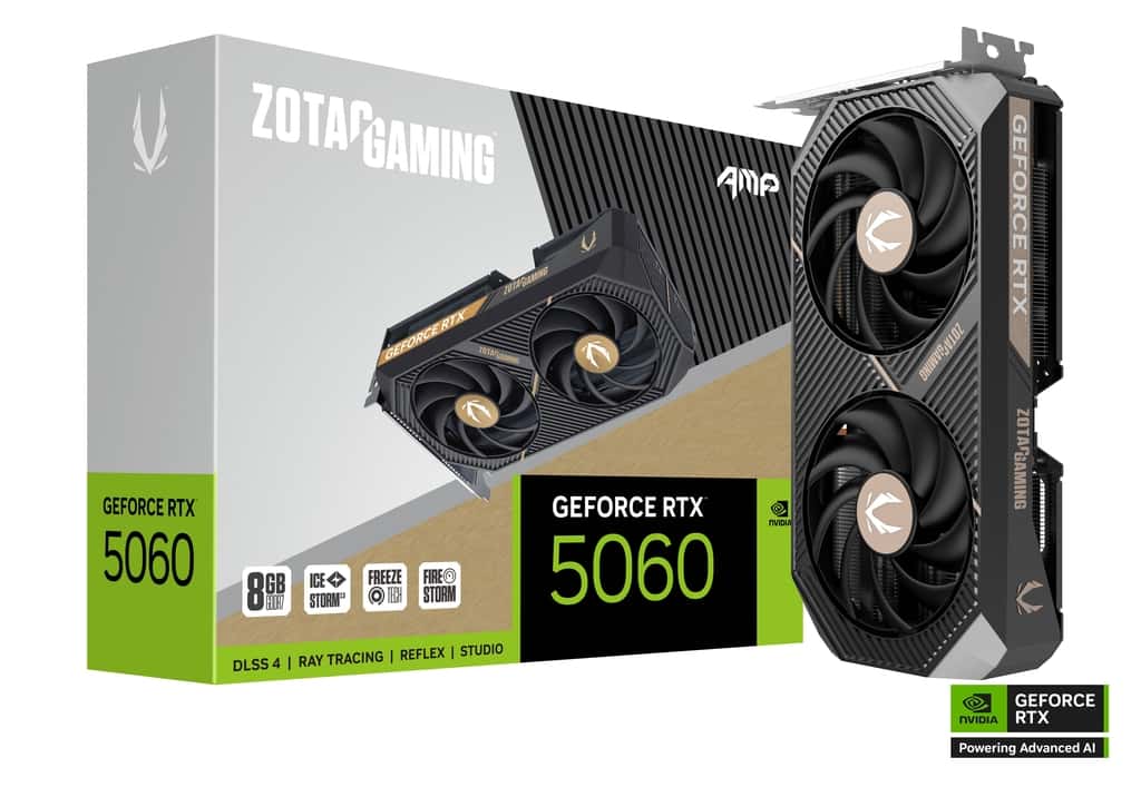 ZOTAC ZOTAC GAMING GeForce RTX 5060 AMP Graphic Card, 8GB GDDR7, 128-bit 28 Gbps, 2550 MHz Engine Clock, 3840 CUDA cores, NVIDIA Blackwell architecture and DLSS 4 | ZT-B50600F-10M - thumbnail 1