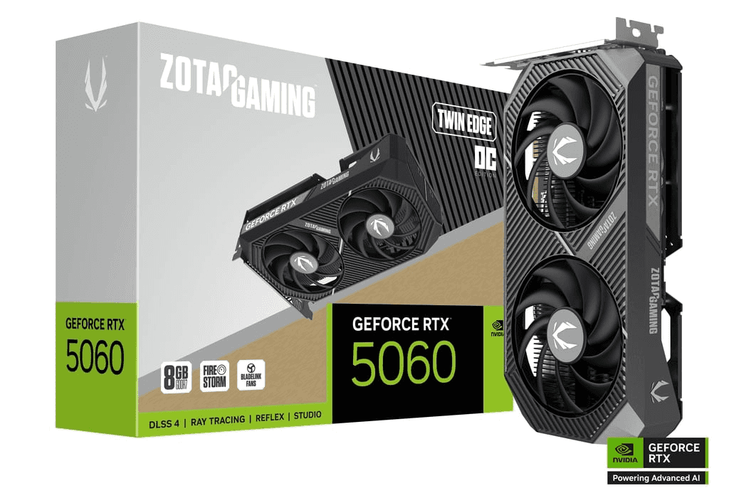 ZOTAC GAMING GeForce RTX 5060 Twin Edge OC 8GB GDDR7 Graphics Card, 128-bit 28 Gbps, 3840 CUDA cores, SFF-Ready, NVIDIA Blackwell architecture and DLSS 4  | ZT-B50600H-10M thumbnail 1