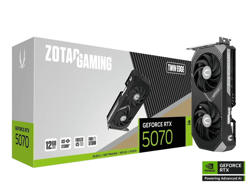 ZOTAC ZOTAC GAMING GeForce RTX 5070 Twin Edge Graphic card, 12GB GDDR7, 192-bit 28 Gbps, 6144 CUDA Cores, 2512 MHz Engine Clock, NVIDIA Blackwell architecture and DLSS 4 | ZT-B50700E-10P - thumbnail 1
