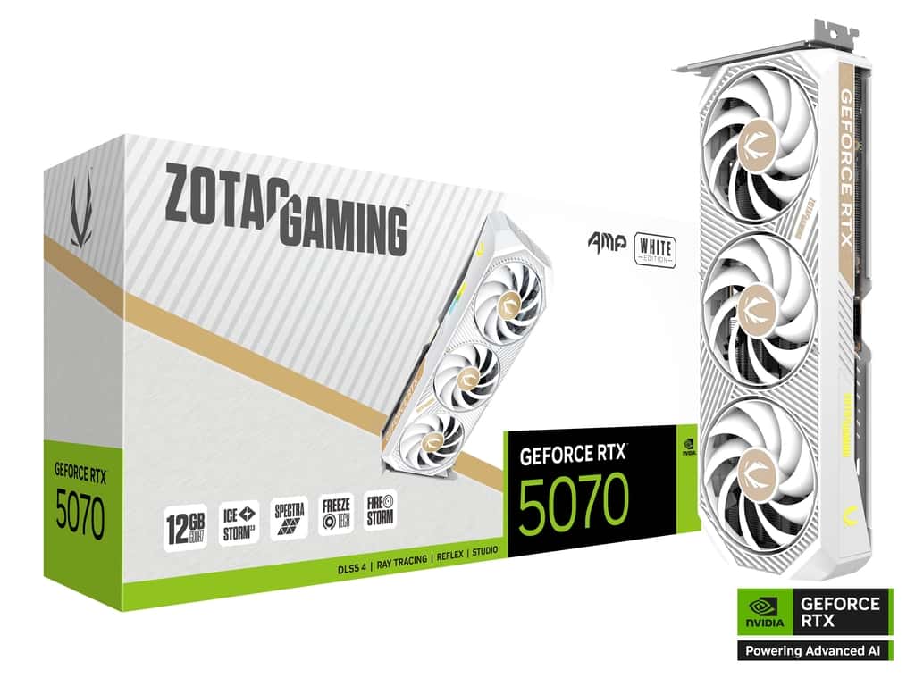 ZOTAC GAMING NVIDIA GeForce RTX 5070 AMP White Edition Graphics Card, 12GB GDDR7, 192-bit 28 Gbps, 6144 CUDA cores, 2587 MHz Engine Clock, SFF-Ready, SPECTRA RGB Lighting, Quad Display Capability, SFF-Ready | ZT-B50700FQ-10P thumbnail 1