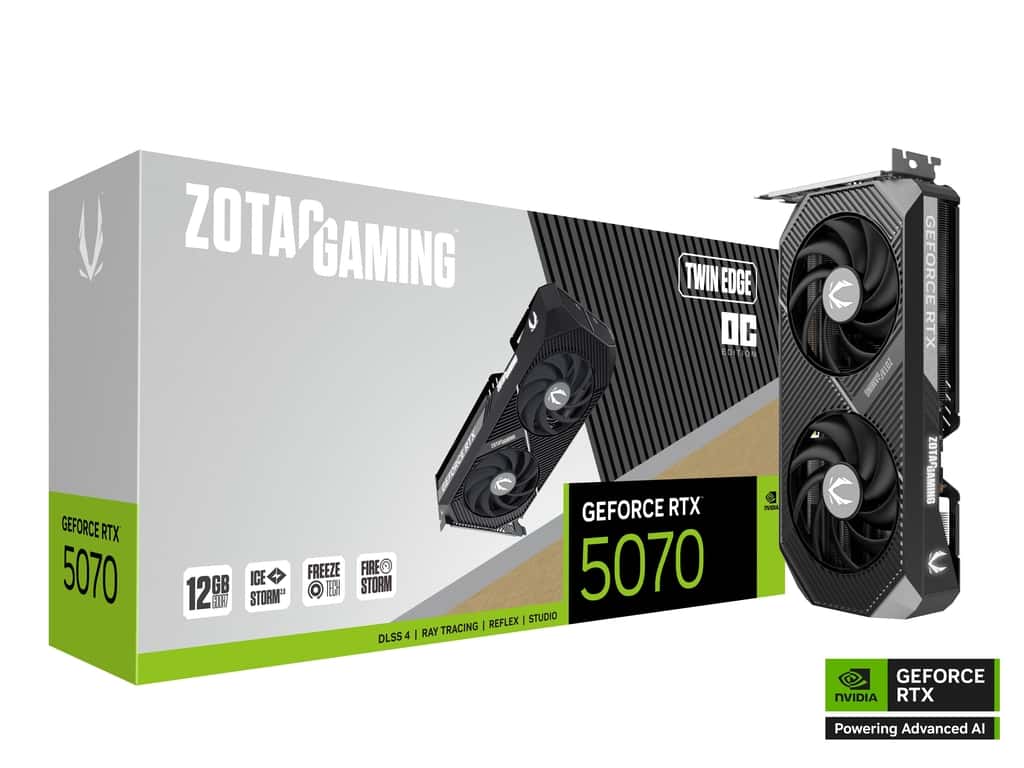ZOTAC ZOTAC GAMING GeForce RTX 5070 Twin Edge OC Graphic card, 12GB GDDR7, 192-bit 28 Gbps, 6144 CUDA cores, Extreme Clock 2542 MHz, PCI Express 5.0 x16  | ZT-B50700H-10P - thumbnail 1
