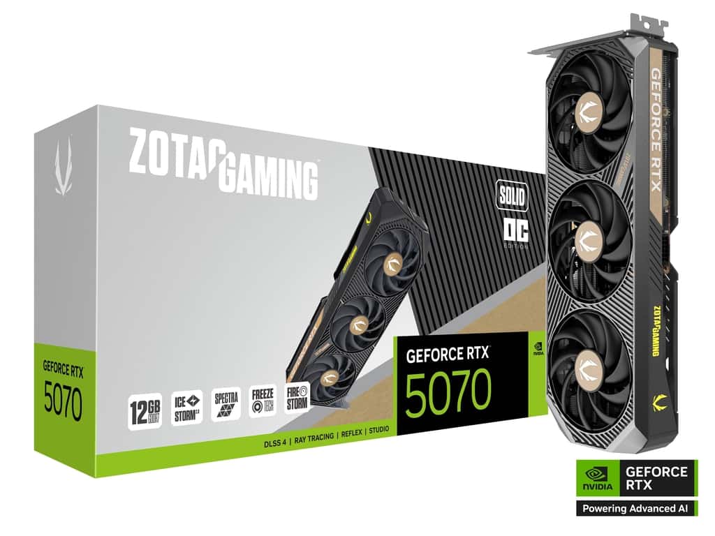 ZOTAC GAMING NVIDIA GeForce RTX 5070 SOLID OC Graphic card, 12GB GDDR7, 28 Gbps, 192-bit, 6144 CUD Cores, Max Boost 2542 MHz SPECTRA RGB Lighting | ZT-B50700J-10P thumbnail 1