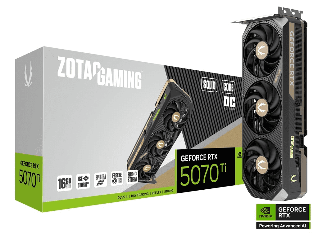 ZOTAC GAMING GeForce RTX 5070 Ti SOLID CORE OC Graphic card, 16GB GDDR7, 256-bit 28 Gbps, 8960 CUDA cores, 2482 MHz Engine Clock,  NVIDIA Blackwell architecture and DLSS 4 | ZT-B50710J2-10P thumbnail 1