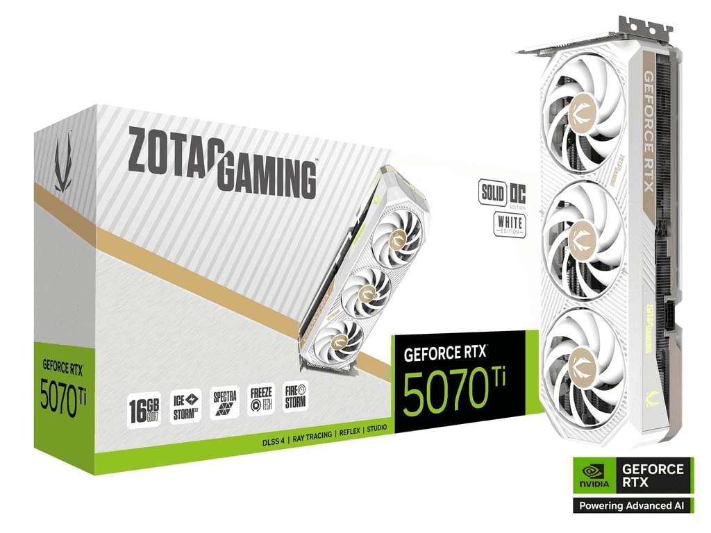 ZOTAC ZOTAC GAMING GeForce RTX 5070 Ti SOLID CORE OC White Edition Graphic card, 16GB GDDR7, 256-bit 28 Gbps, 8960 CUDA cores, 2482 MHz Engine Clock, NVIDIA Blackwell architecture and DLSS 4  | ZT-B50710Q2-10P - thumbnail 1