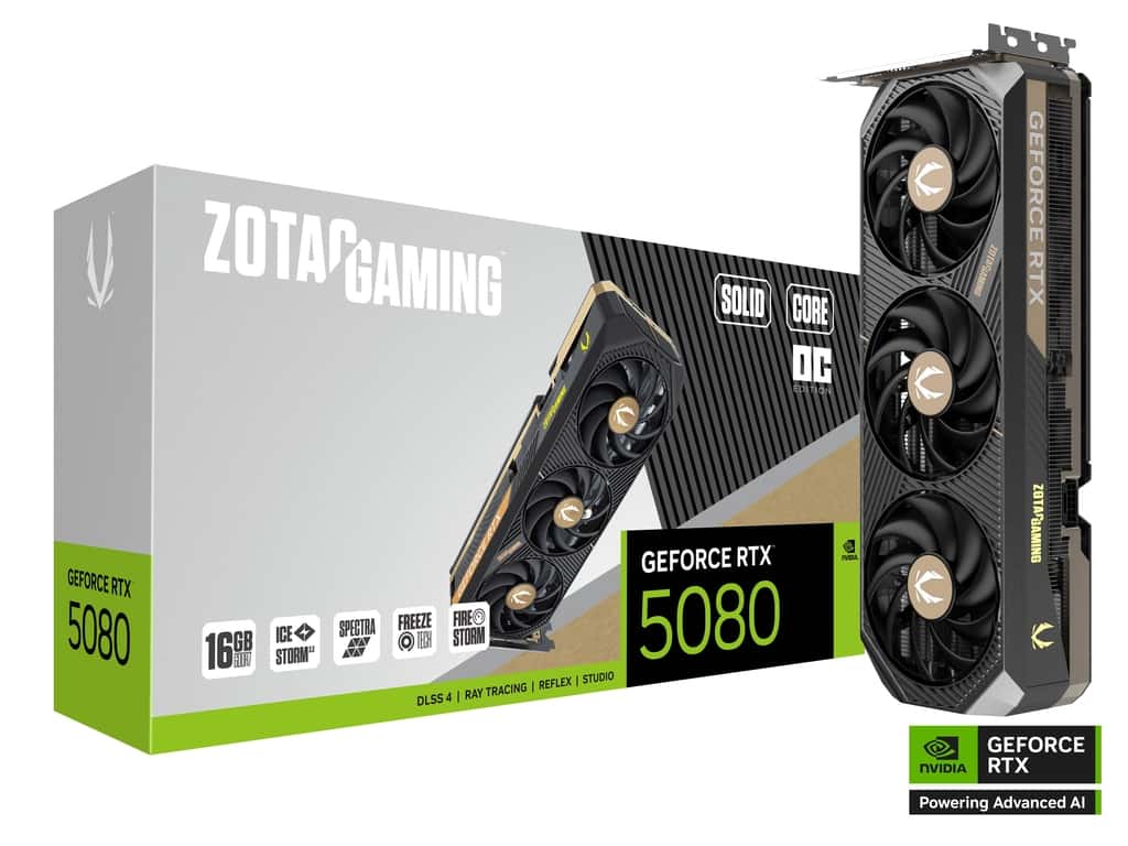 ZOTAC ZOTAC GAMING NVIDIA GeForce RTX 5080 SOLID CORE OC Graphics card, 16GB GDDR7, 30 Gbps, 256-bit, 10752 CUDA cores, 2640 MHz Engine Clock, Blackwell architecture and DLSS 4, Quad Display Capability | ZT-B50800J2-10P - thumbnail 1
