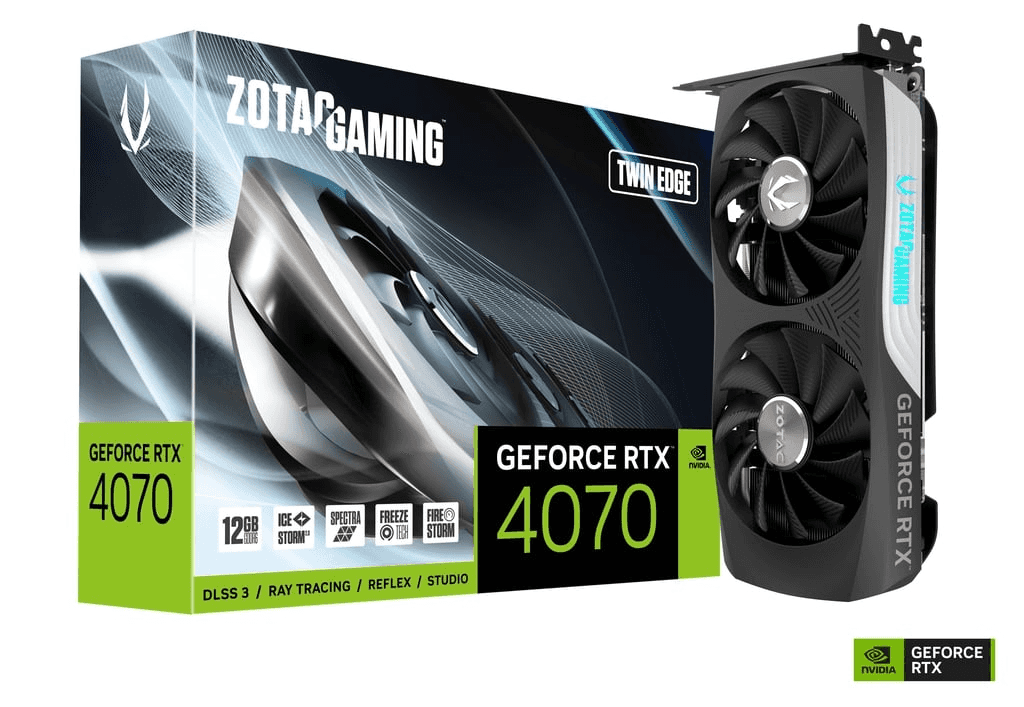 ZOTAC GAMING GeForce RTX 4070 Twin Edge Graphics Card, 12GB GDDR6X 192-Bit Memory, 2475 MHz Boost Clock, 5888 CUDA Cores, 21 Gbps Memory Clock, PCI Express 4.0, 3 x DP / 1x HDMI | ZT-D40740E-10M thumbnail 2
