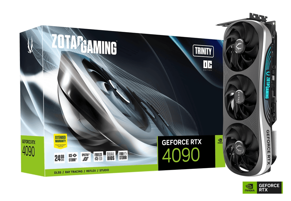 ZOTAC ZOTAC Gaming GeForce RTX 4090 Trinity OC Graphic Card, 24GB GDDR6X 384-bit Memory, 2535 MHz Boost Clock, 1, PCI 4.0x16, Open GL 4.6, 3xDP/1xHDMI | ZT-D40900J-10P - thumbnail 2