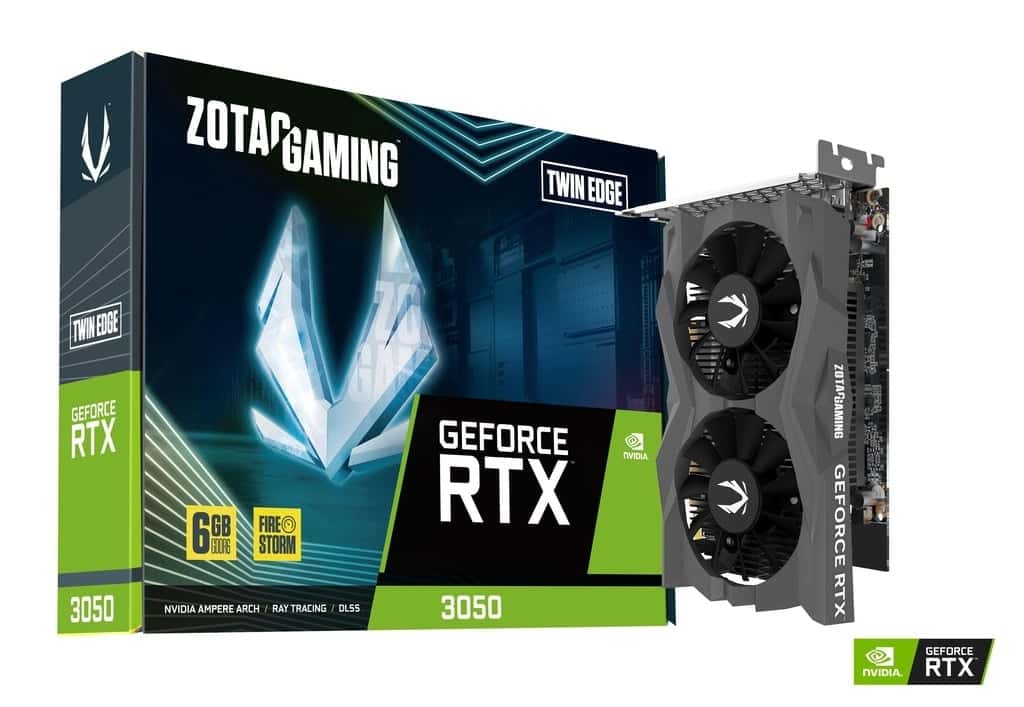 ZOTAC GAMING GeForce RTX 3050 6GB GDDR6 Twin Edge Graphics Card, ZT-A30510H-10L. 2304 Cores; Boost: 1477 MHz; 6GB GDDR6 / 14 Gbps / 96-bit. thumbnail 2