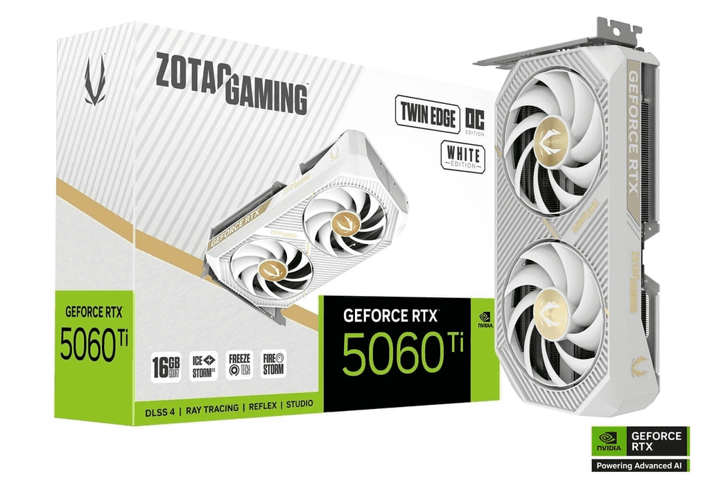 ZOTAC ZOTAC NVIDIA GAMING GeForce RTX 5060 Ti 16GB Twin Edge OC White Edition Graphics Card, 16GB GDDR7, 128-bit 28 Gbps, 4608 CUDA cores, SFF-Ready, Blackwell Architecture, DLSS4 | ZT-B50620Q-10M - thumbnail 1