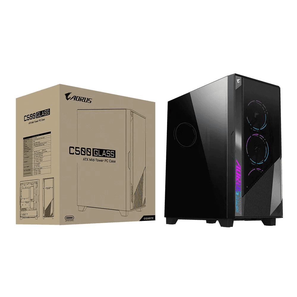 GIGABYTE AORUS C500 GLASS ATX Mid-Tower Gaming Case, Steel & Tempered Glass, 4 x Pre-Installed 120mm ARGB Fans, Up to 420mm Radiator, USB 3.2 Type-C / USB 3.0, Black | AC500G-ATX thumbnail 1