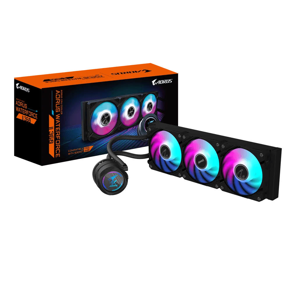 GIGABYTE AORUS WATERFORCE II 360, AIO Liquid Cooler With ARGB Fans, 360mm, Rotatable Water Block, Intel 115x,1200,1700 AMD AM5, AM4, Black | AORUS-WATERFORCE-II-360 thumbnail 1