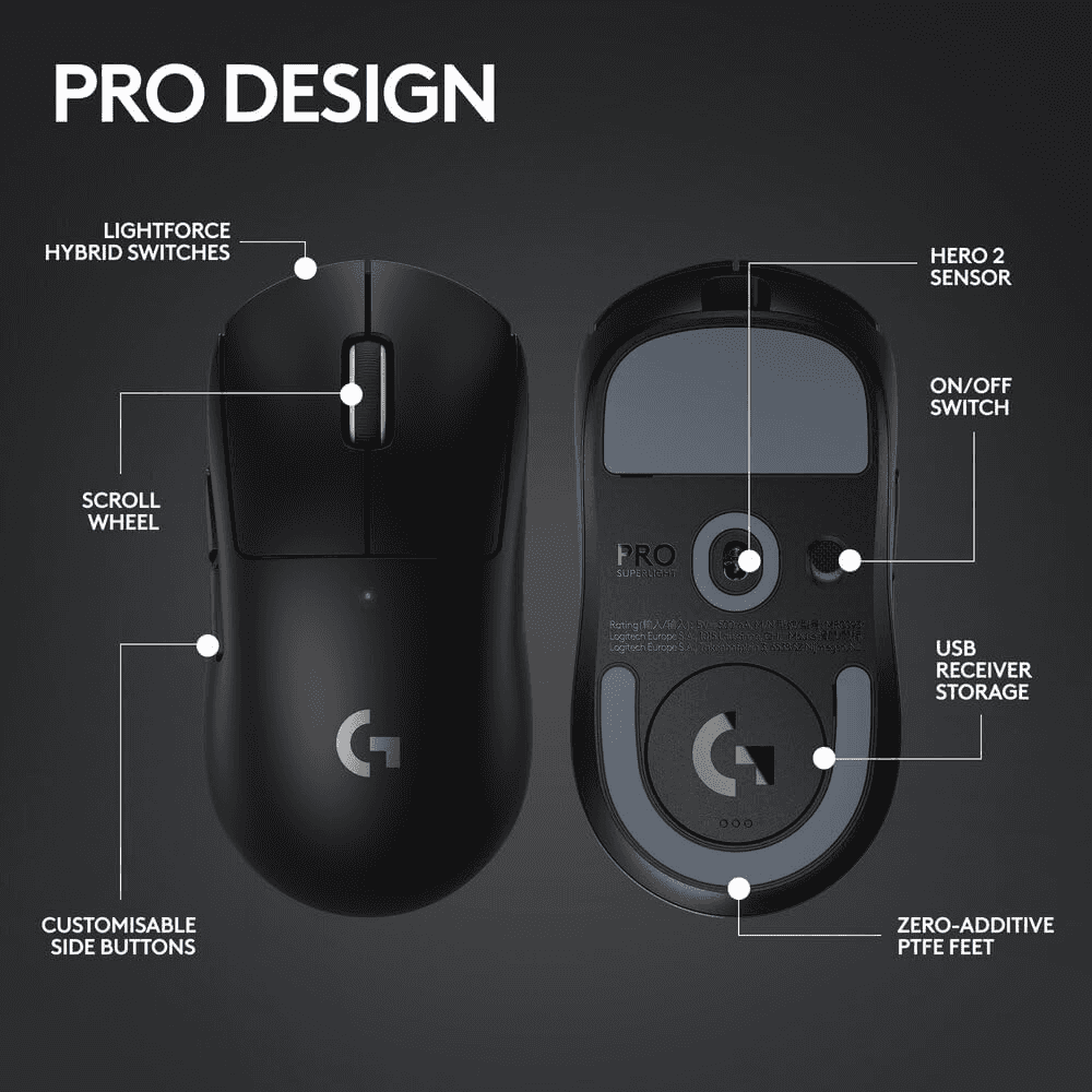 Logitech G PRO X SUPERLIGHT 2 LIGHTSPEED Wireless Gaming Mouse, Lightweight, LIGHTFORCE Hybrid Switches, HERO 2 Sensor, 32,000 DPI, 5 Programmable Buttons, USB-C Charging, PC & Mac - Black thumbnail 5