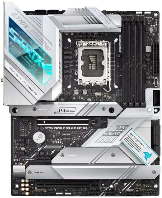 ROG STRIX Z690-A GAMING WIFI D4  Intel??Z690 LGA 1700 ATX motherboard with PCIe??5.0, 16+1 DrMos, Two-Way AI Noise Cancelation, AI Overclocking, AI Cooling, AI Networking, WiFi 6 (802.11ax), Intel??2.5 Gb Ethernet, four M.2 slots with heatsinks PCIe 4.0 N thumbnail 1
