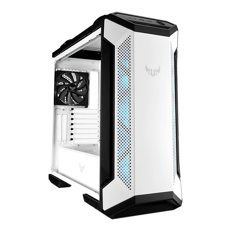 ASUS TUF Gaming GT501 White Edition case supports up to EATX with metal front panel, tempered-glass side panel, 120 mm RGB fan, 140 mm PWM fan, radiator space reserved, and USB 3.1 Gen 1, thumbnail 1