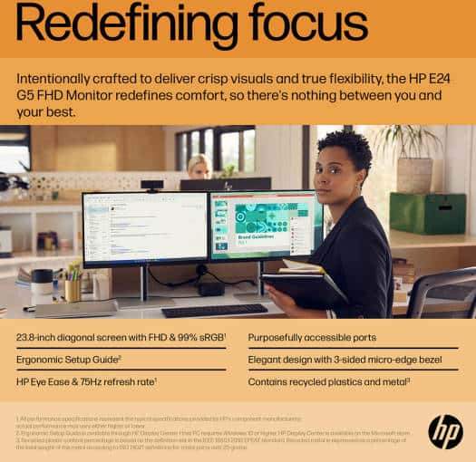 HP E24 G5 Monitor, 23.8" FHD IPS Display, 75Hz Refresh Rate, 5ms (GtG with Overdrive) Response Time, 3-Sided Borderless Bezel, VESA Mounting, 4x USB3.2, USB-B, HDMI & DP, Black | 6N6E9AA thumbnail 3