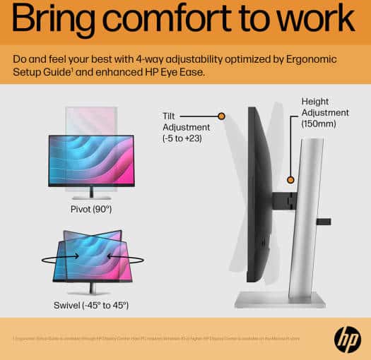 HP E24 G5 Monitor, 23.8" FHD IPS Display, 75Hz Refresh Rate, 5ms (GtG with Overdrive) Response Time, 3-Sided Borderless Bezel, VESA Mounting, 4x USB3.2, USB-B, HDMI & DP, Black | 6N6E9AA thumbnail 10